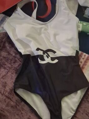 CHANEL White and Black Branded Swimwear Bodysuit